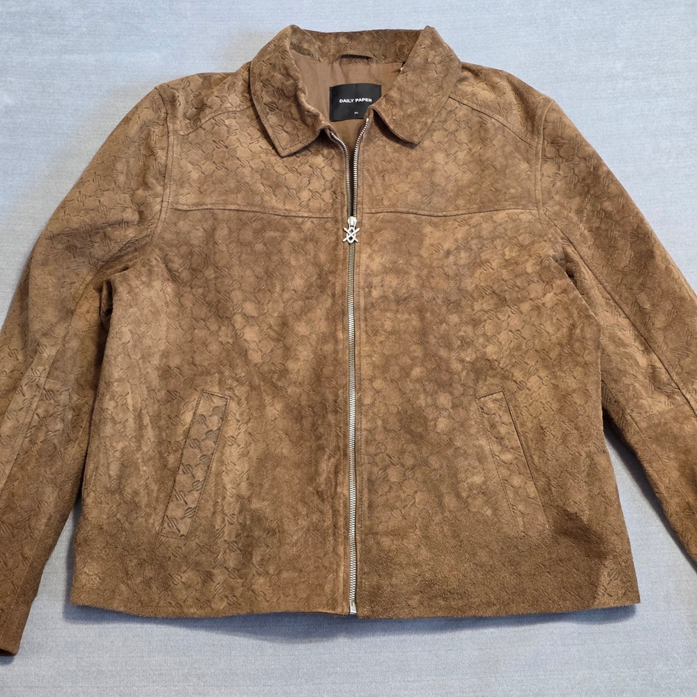 Daily Paper Camel Suede Jacket NWT Men XL Beige Embossed Monogram Leather Zip Up